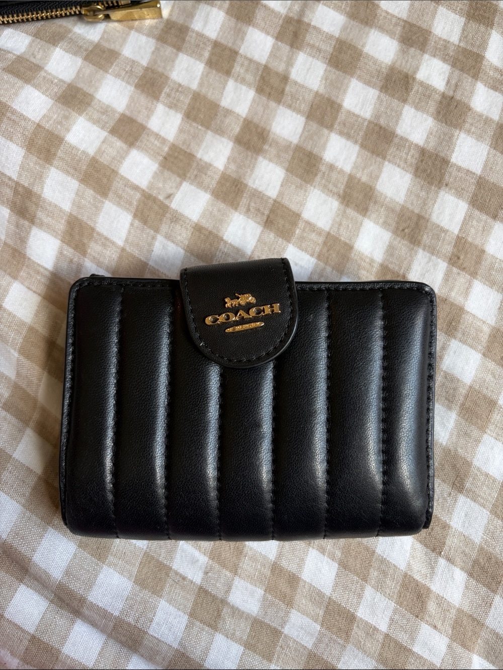 COACH Black Quilted Leather Card Wallet with Gold Logo